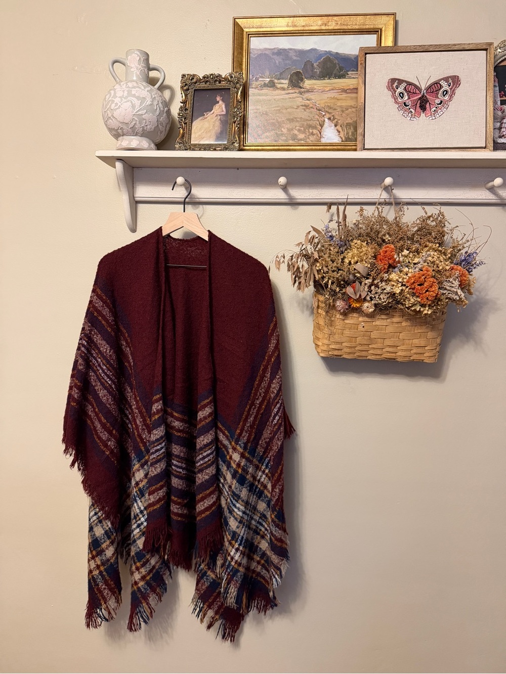 American Eagle Outfitters Burgundy Plaid Fringe Cape